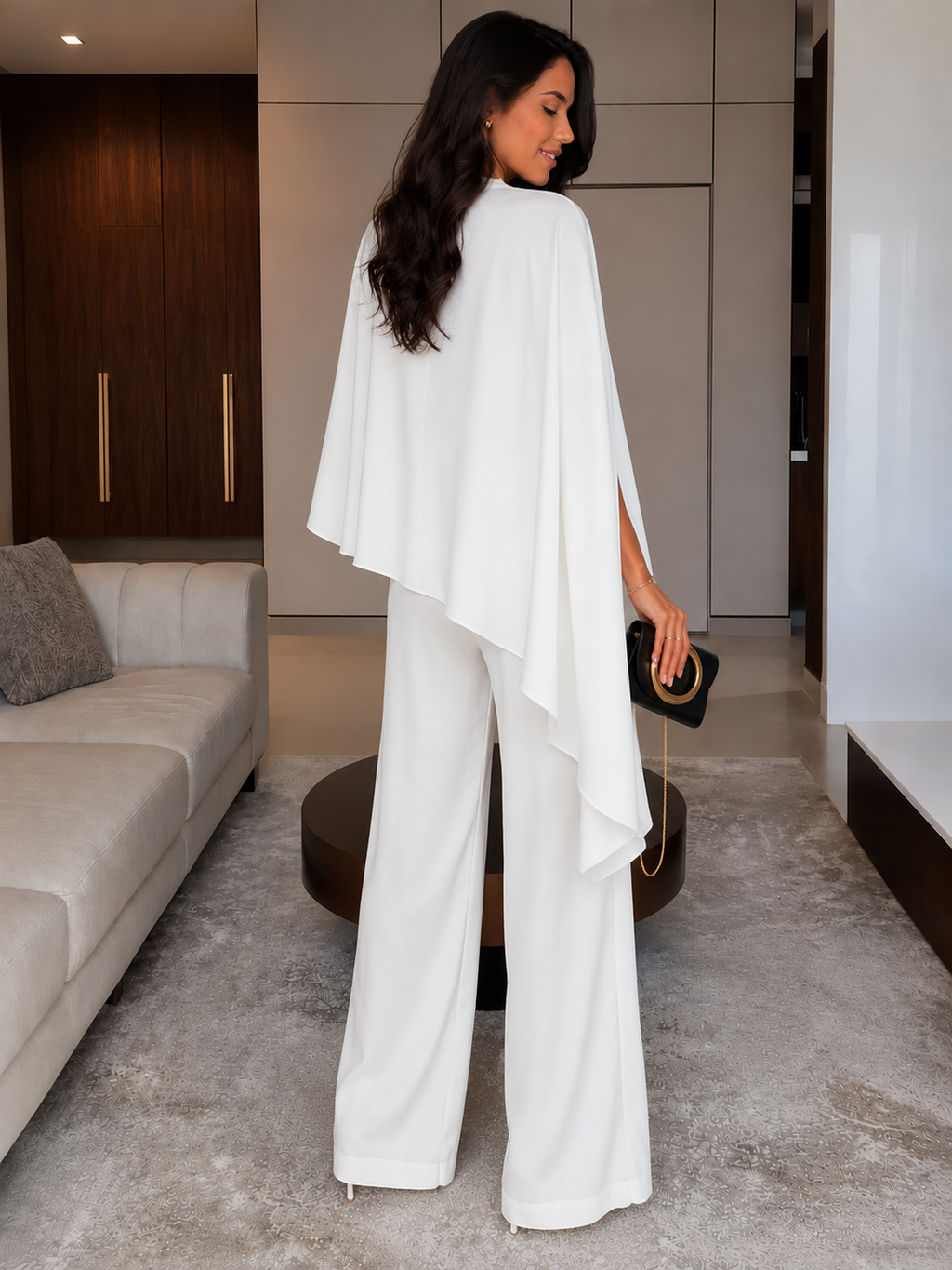 Drapey Satin Two-Piece Set with Shawl Top and Wide-Leg Pants