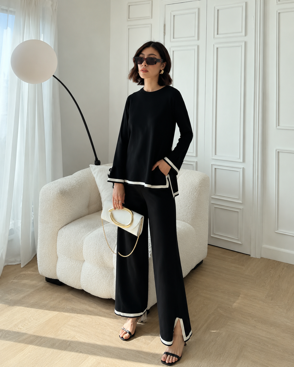 Contrasting color split-bottom set