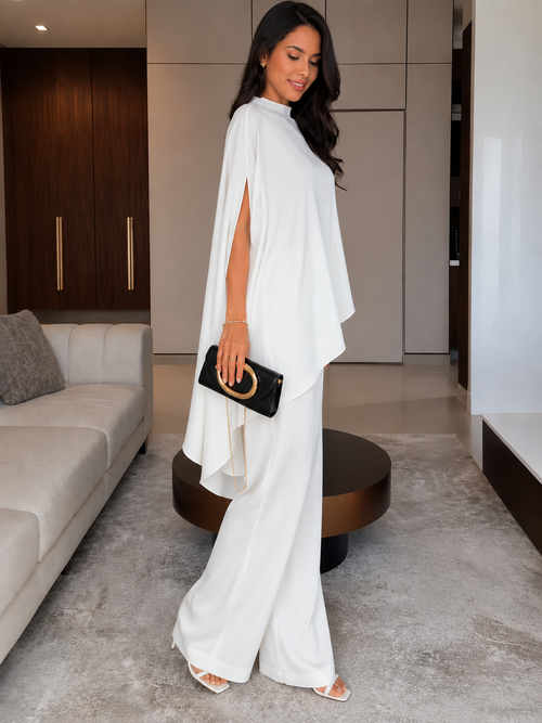 Drapey Satin Two-Piece Set with Shawl Top and Wide-Leg Pants