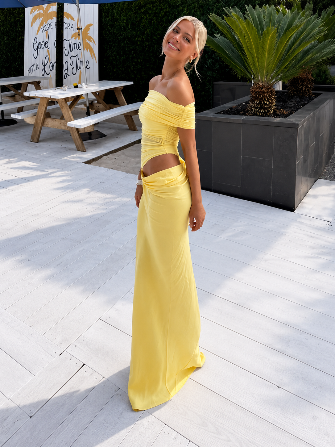 Mesh Off-Shoulder Pleated Dress