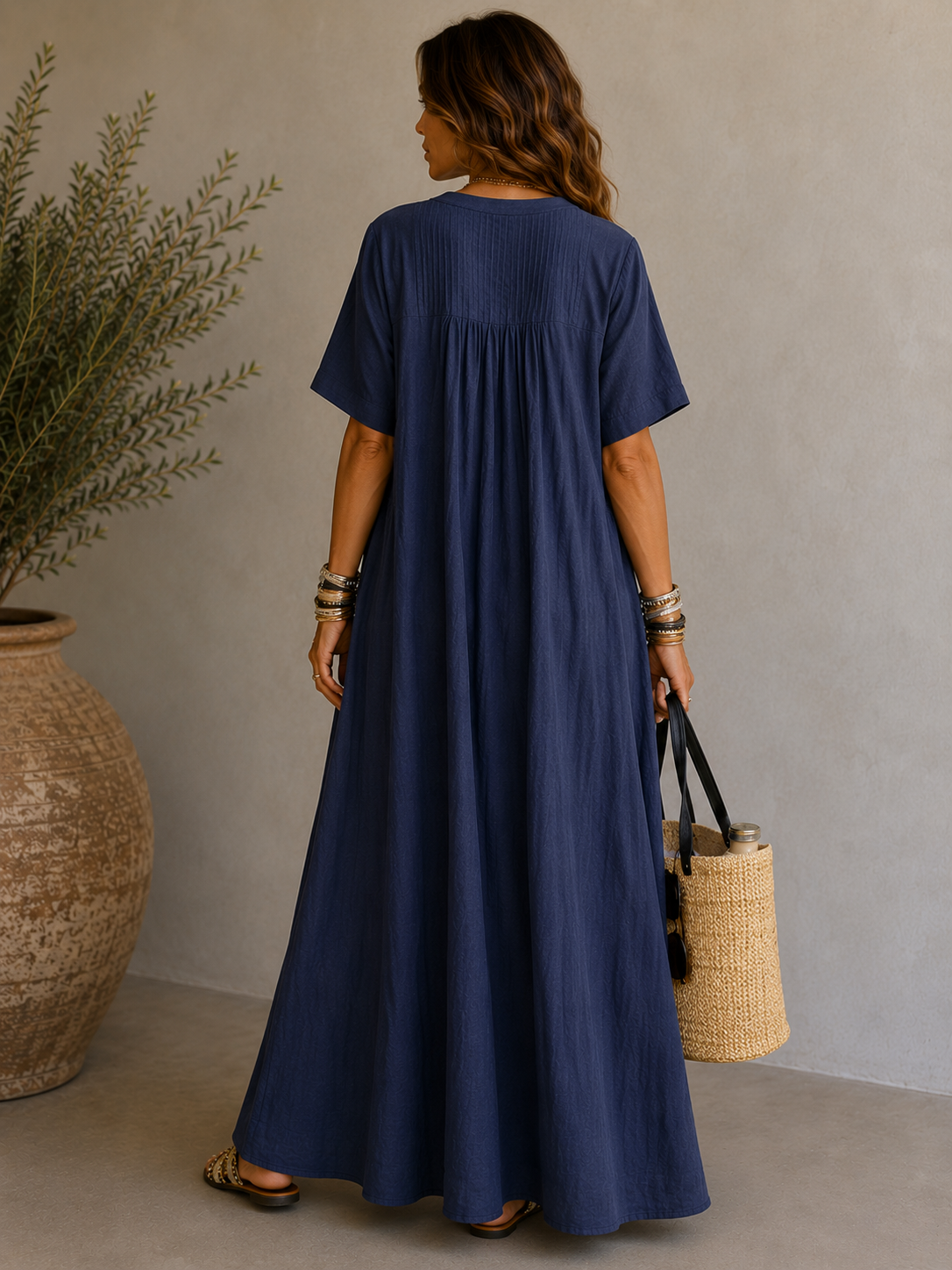 Women's V-Neck Pleated Cotton Linen Dress