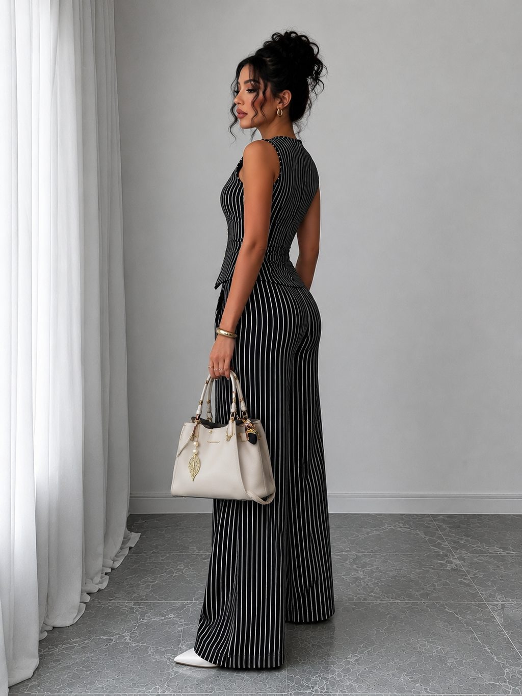 Womens Retro Striped Vest and Wide-Leg Pants Set