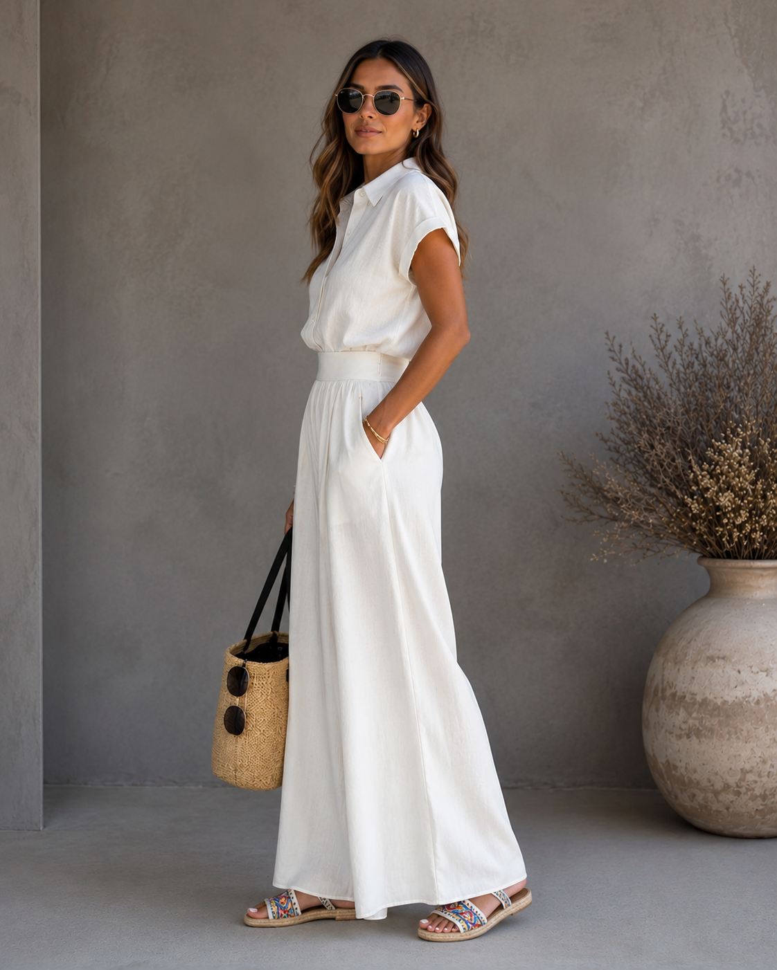 New Fashion Spring-Summer Casual Solid Shirt and Wide-Leg Pants Two-Piece Set