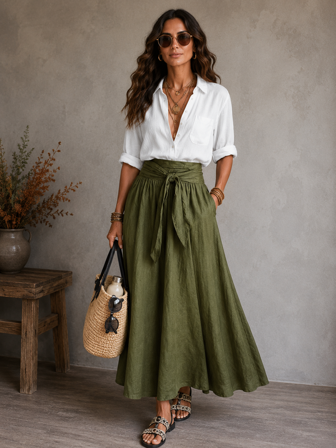 Conjunto informal de dos piezas para mujer: falda y camisa.