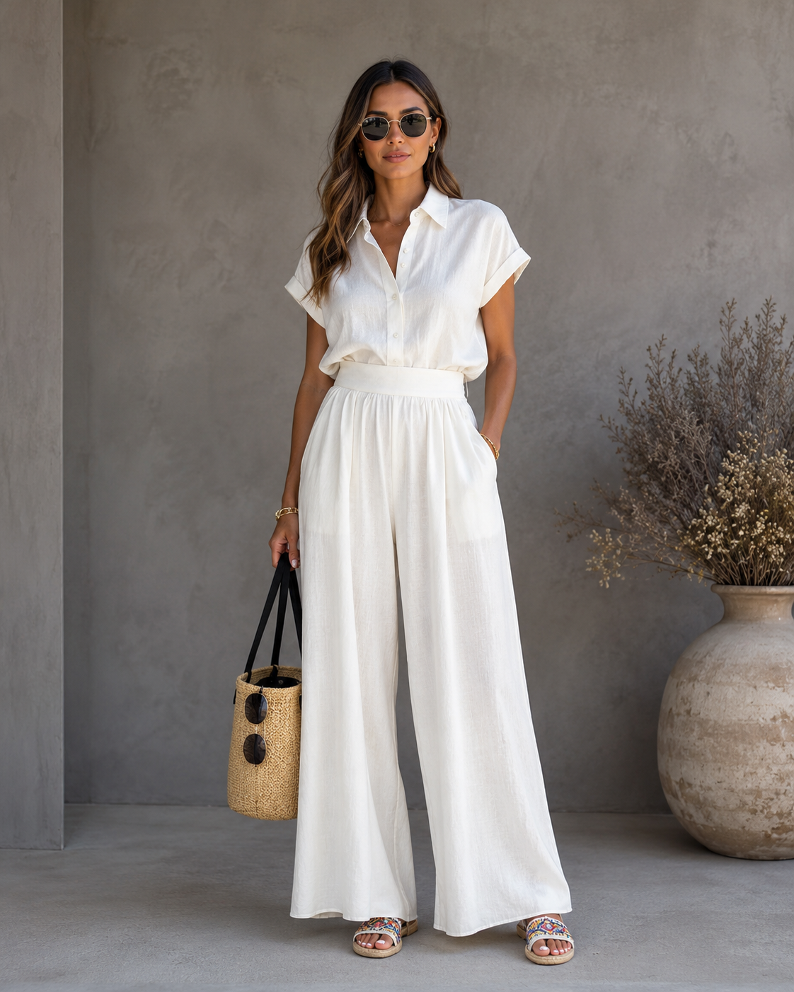 New Fashion Spring-Summer Casual Solid Shirt and Wide-Leg Pants Two-Piece Set