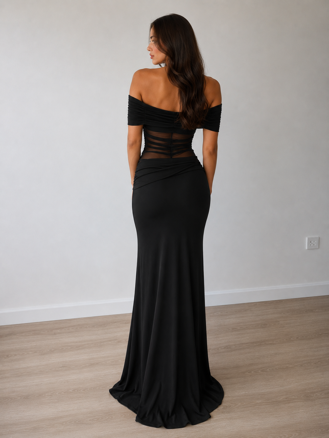 Mesh Off-Shoulder Pleated Dress